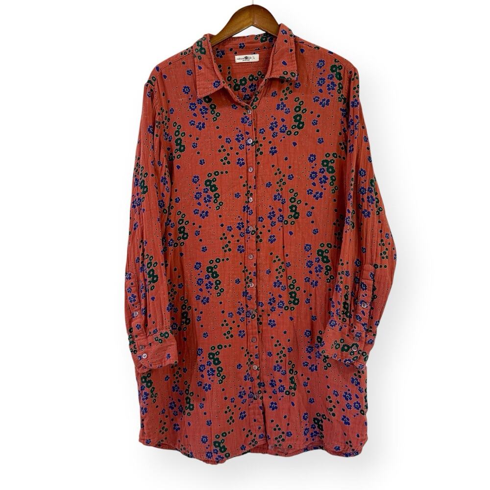 Natural Life Women's Floral Georgia Gauze Gauzy Cotton Long Sleeve Shirt Dress L - Picture 2 of 9